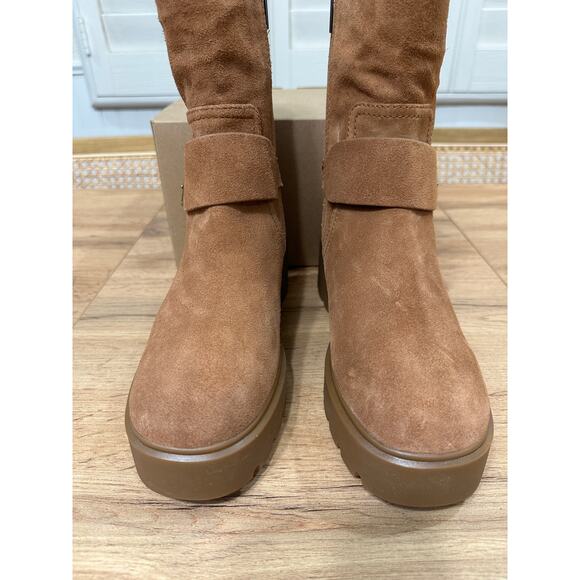 Michael Kors Perry Suede Moto Boots Luggage Camel Size 8 NWOB Chic Edgy Lug Sole - Picture 7 of 14